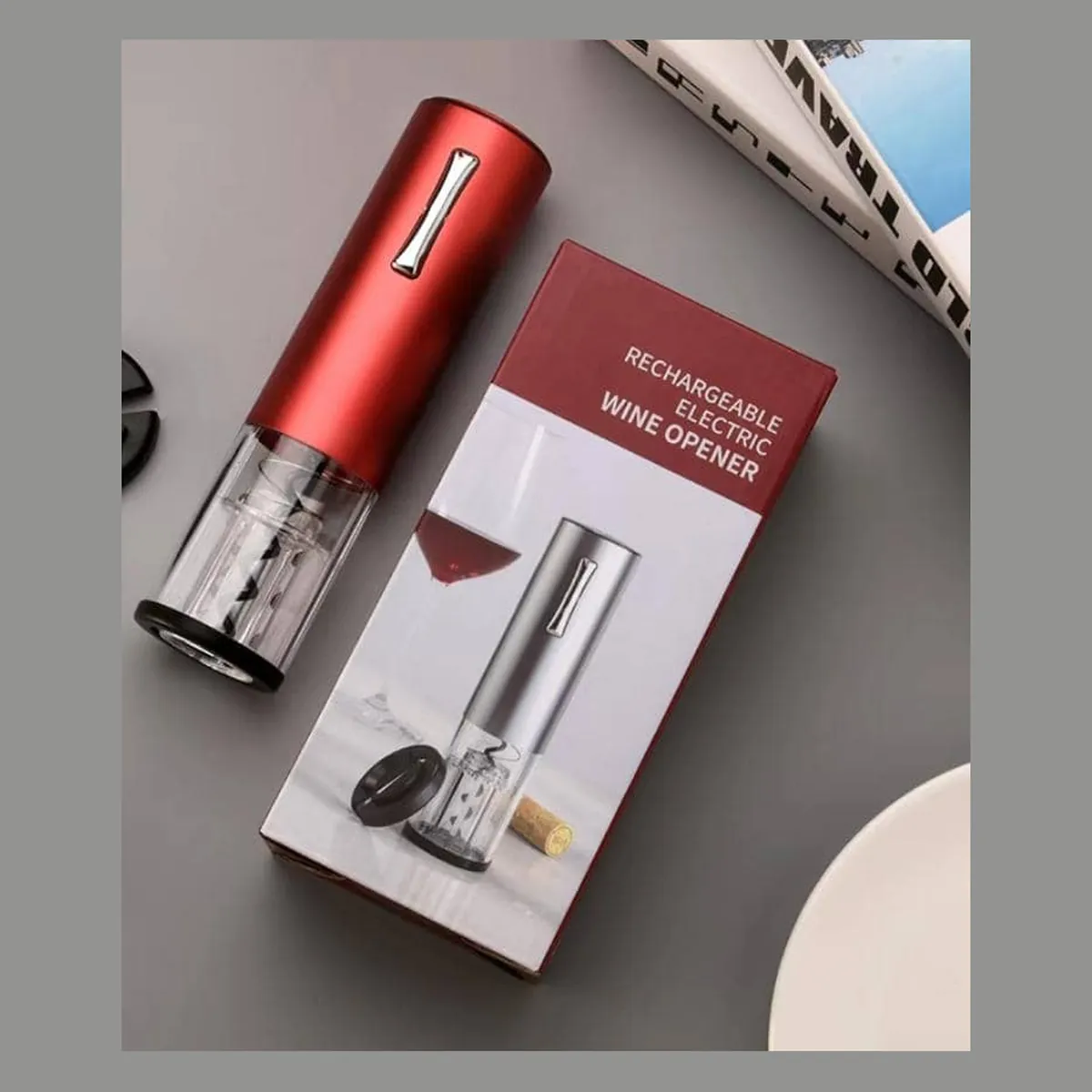 Red electric wine opener with its gift box