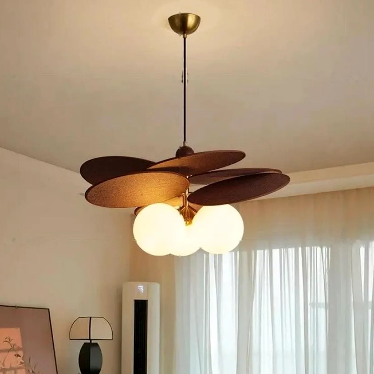 Petal globe pendant light with brown petals and opal globes