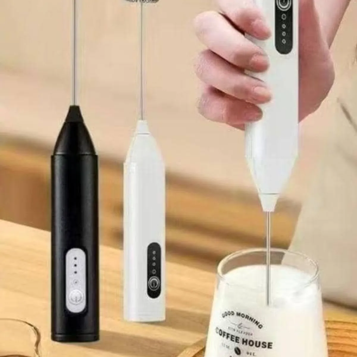 Black and white rechargeable milk frothers