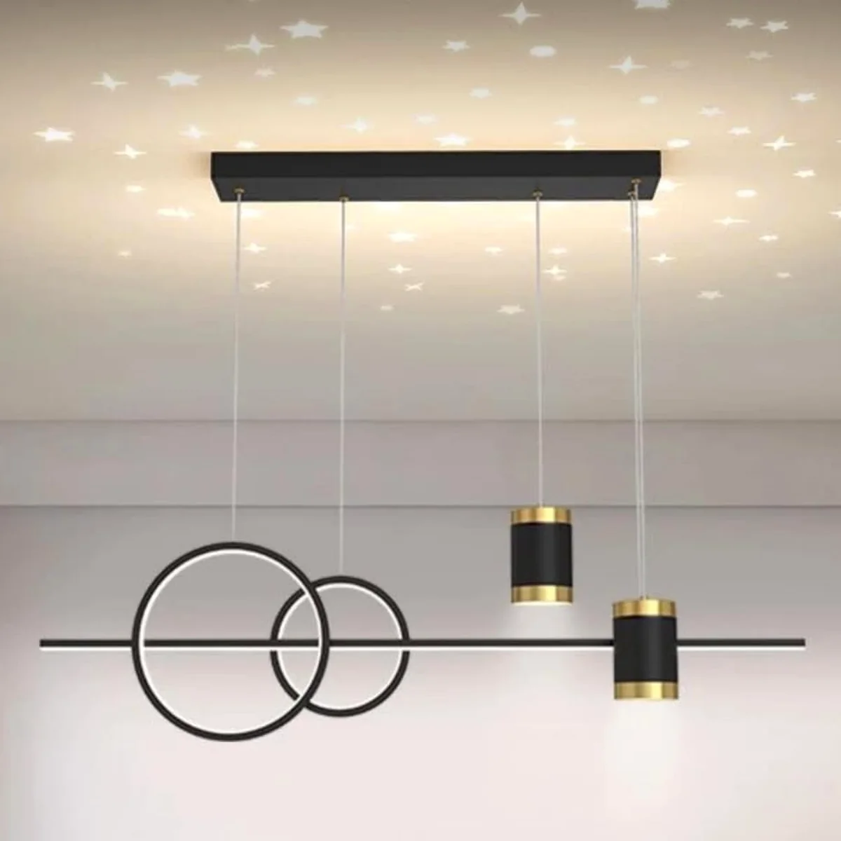 Black linear ring pendant with spotlights and star projection